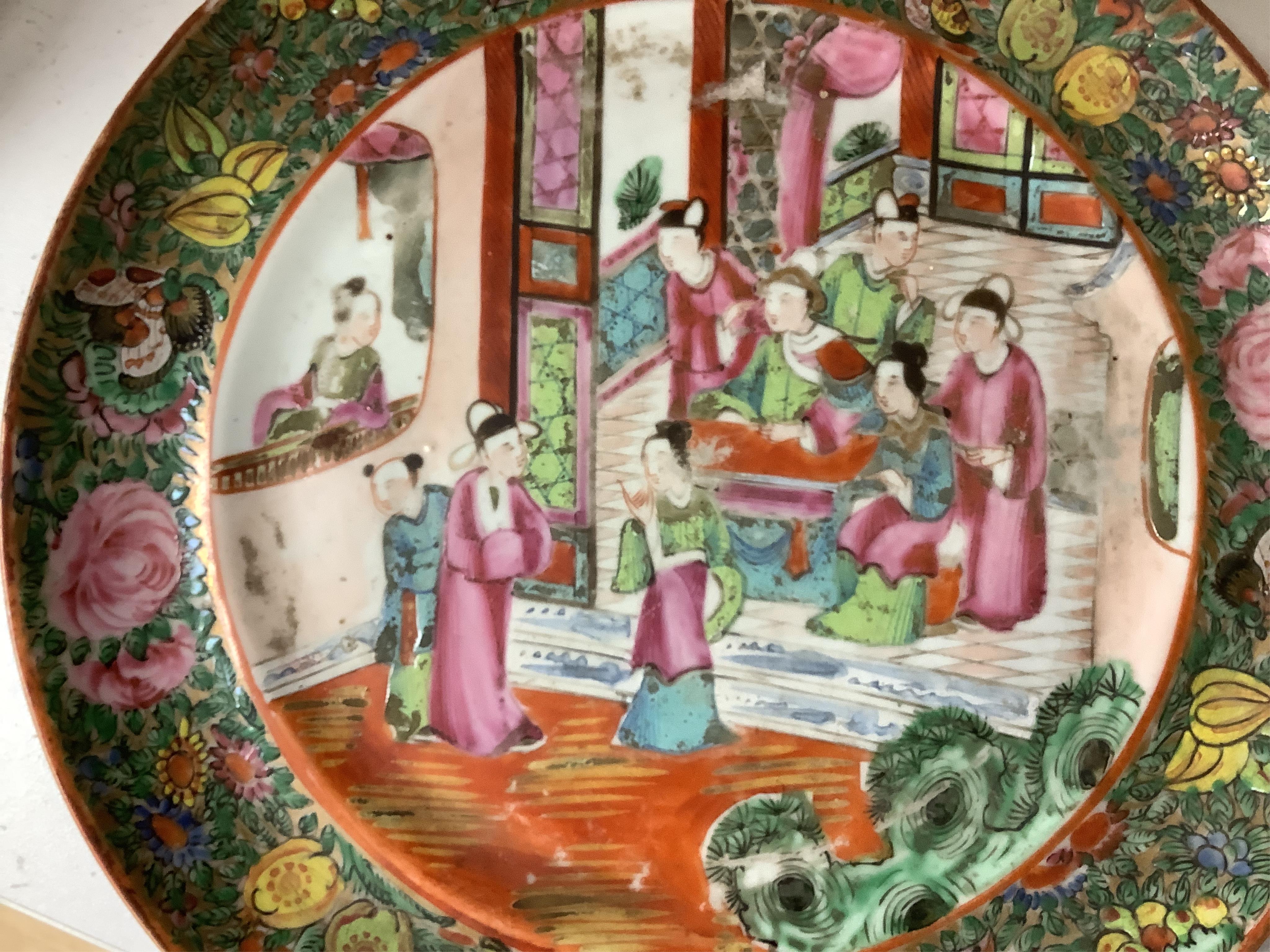 Two 19th century Chinese famille rose plates, largest 26cm